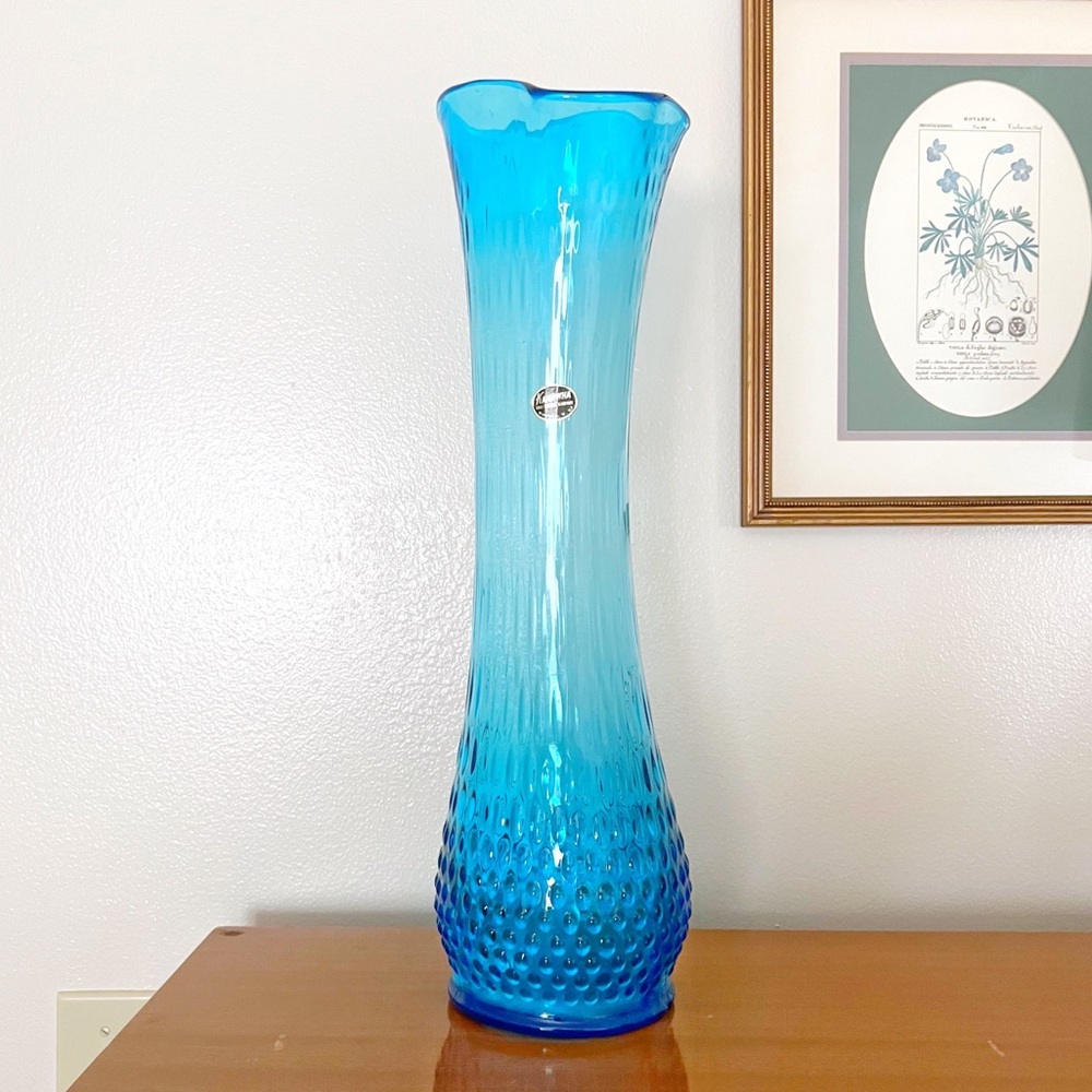 Vintage MCM Kanawha Glass large 20” blue swung vase